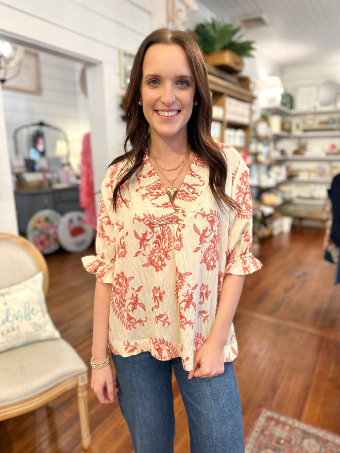 cream and rust paisley print short sleeve top umgee
