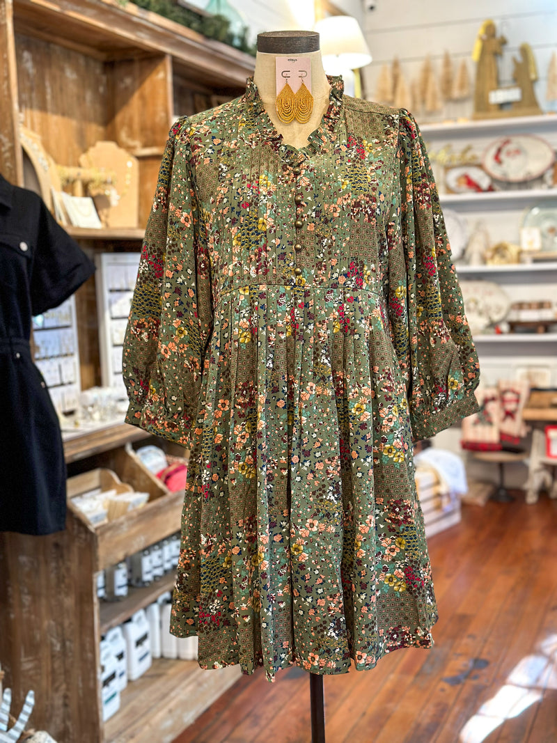 olive green floral dress with pockets long sleeves