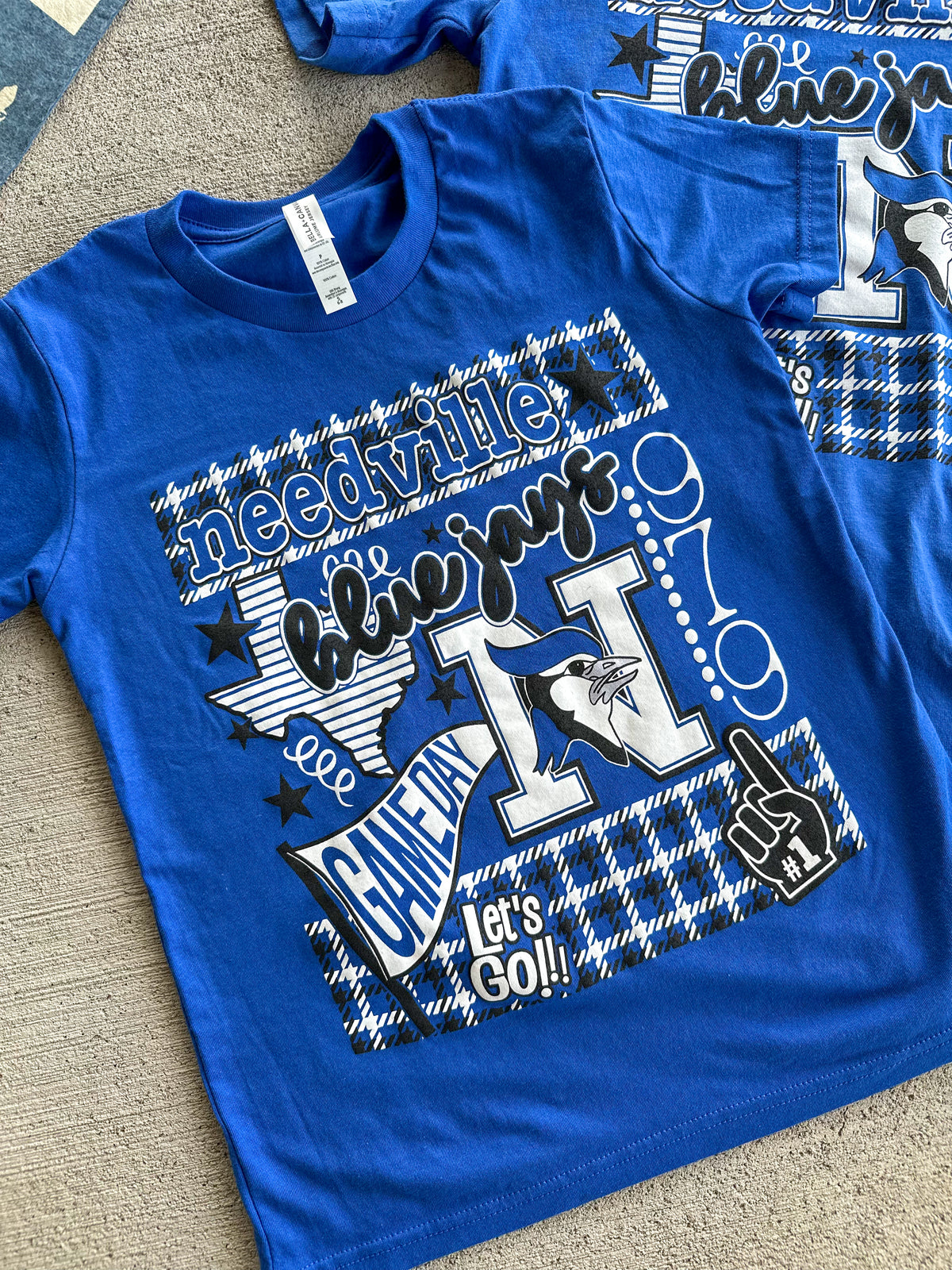 Blue t-shirt with 'Needville Blue Jays' text and graphics on a textured surface