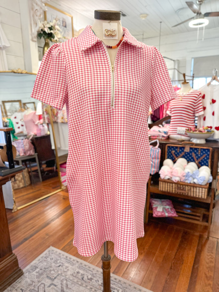 pink and white checkered dress with pockets and collar 