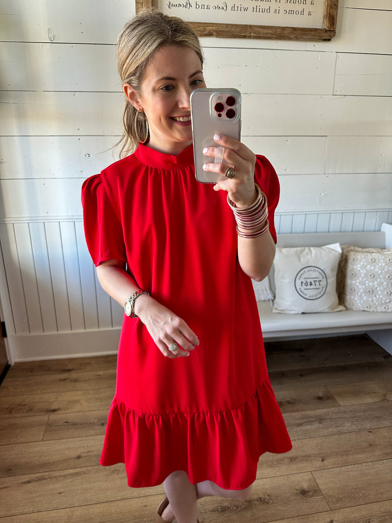 red puff sleeve ruffle dress