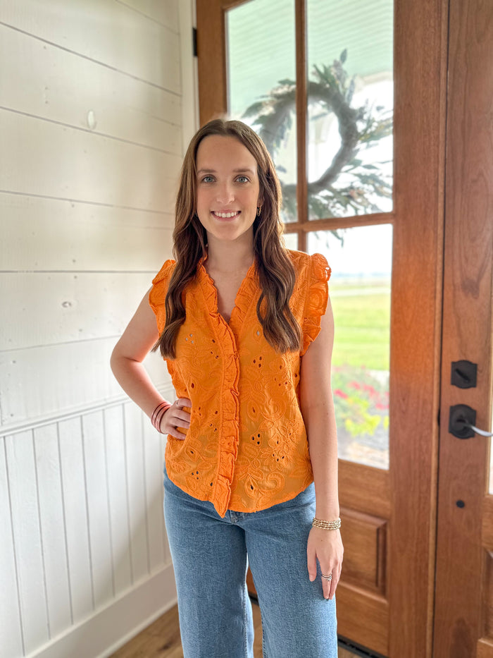 bright orange eyelet lace top