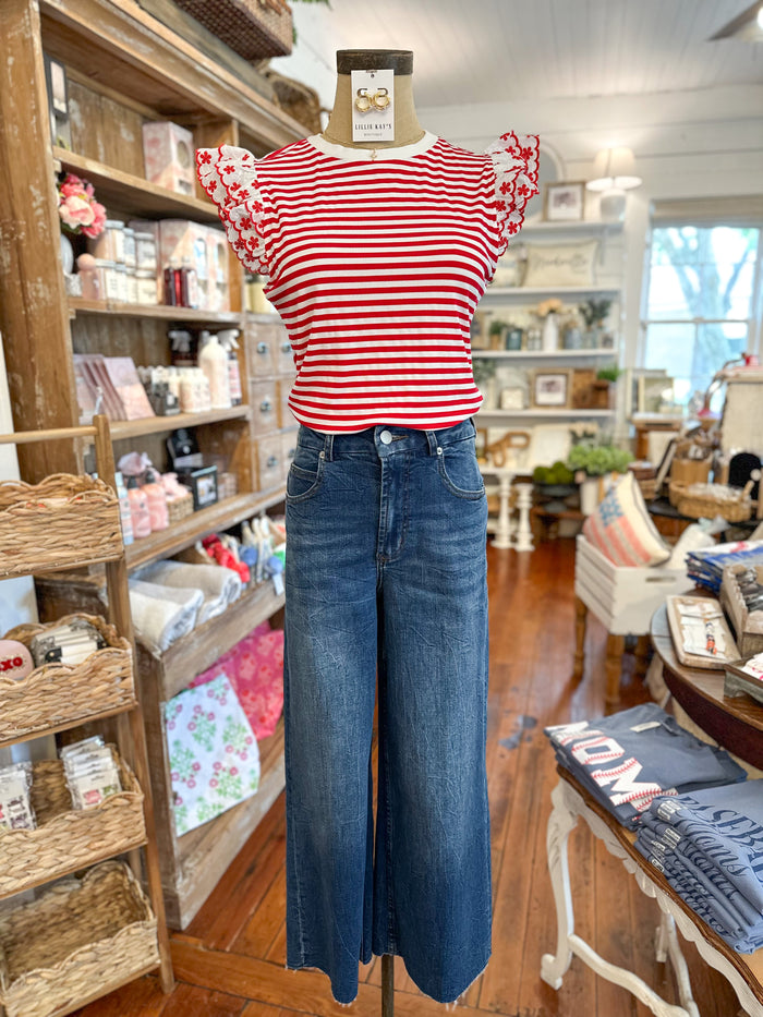 red and white stripe floral sleeve top