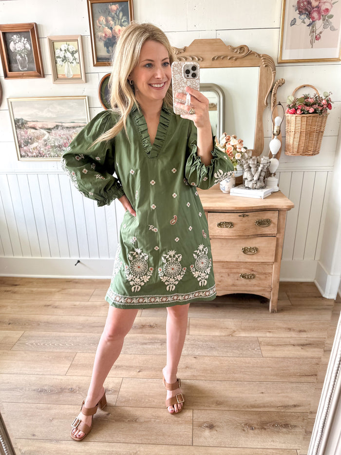green dress with embroidered details entro 