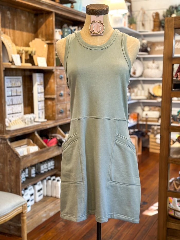 light green french terry dress with pockets and sweater