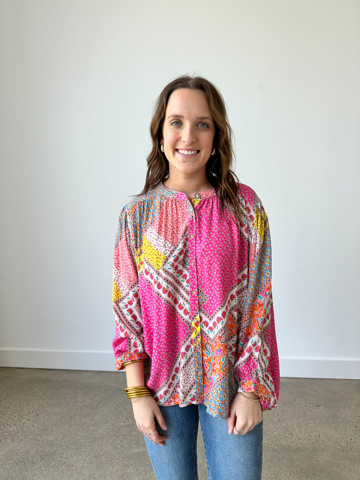 pink patchwork flowy top with buttons