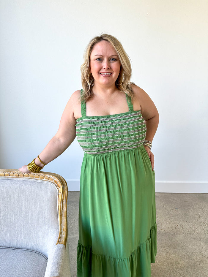 green smocked dress with elastic dress