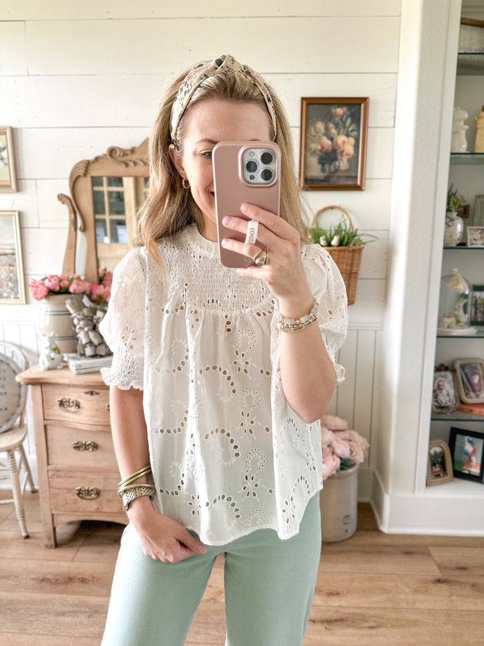 white eyelet lace short sleeve top