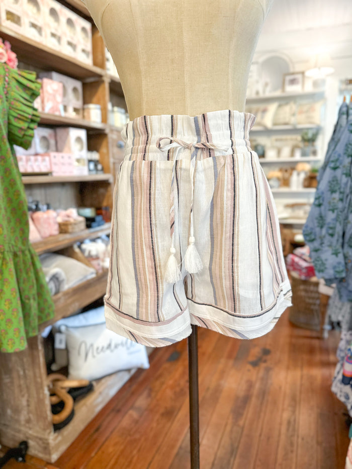 linen blend paper bag style shorts with adjustable waist 