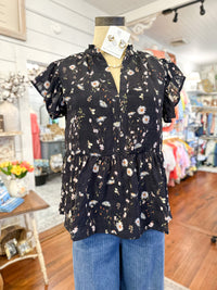 black floral ruffle sleeve top
