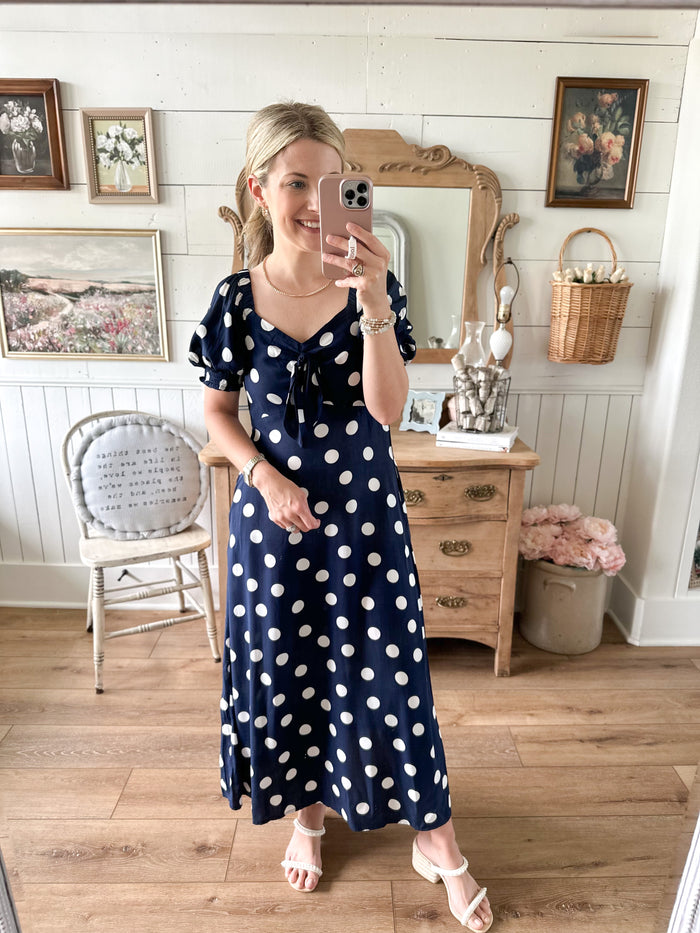 navy blue polka dot dress with elastic around sleeves 