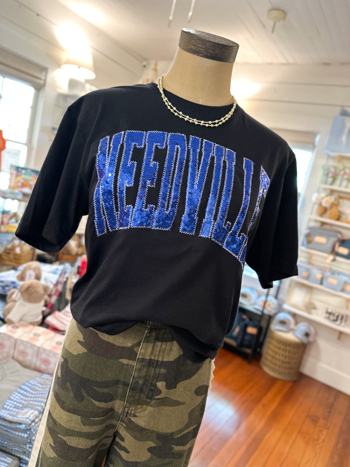 black tee with royal blue needville in glitter applique
