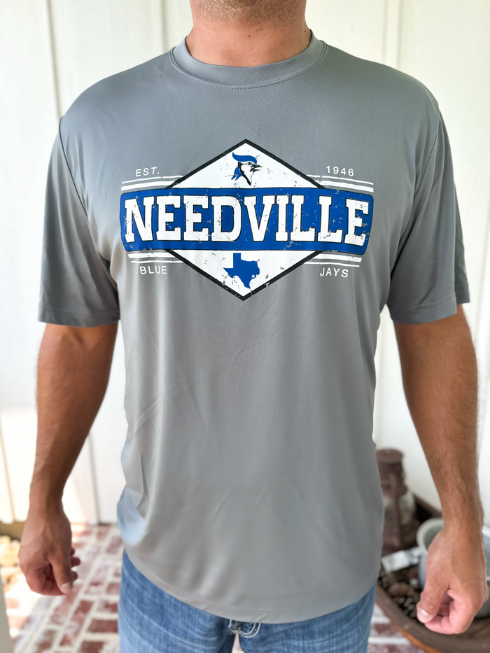 Gray t-shirt with 'Needville' and 'Blue Jays' text and logo worn by a person.