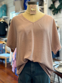 v neck polyester top in latte plus size