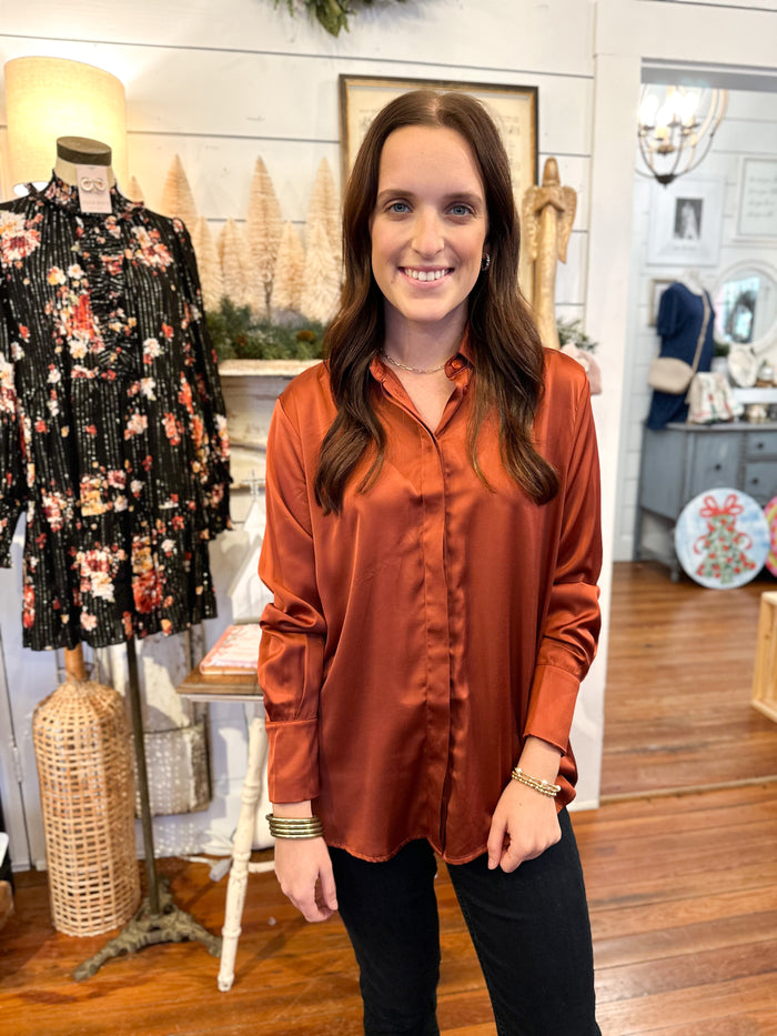 rust color satin like button down top