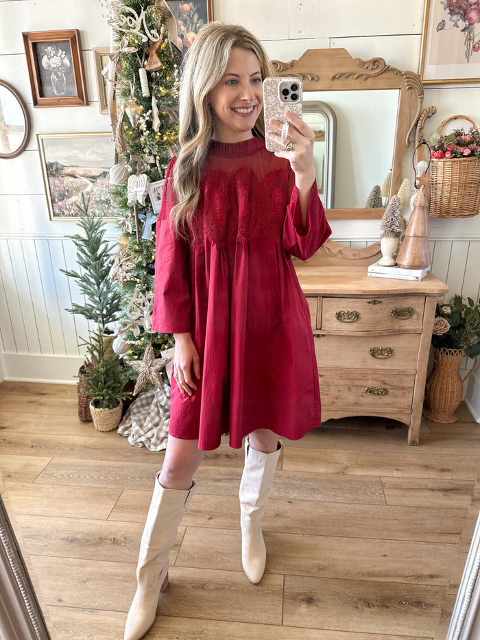 red burgundy color dress with mesh details on top neckline 