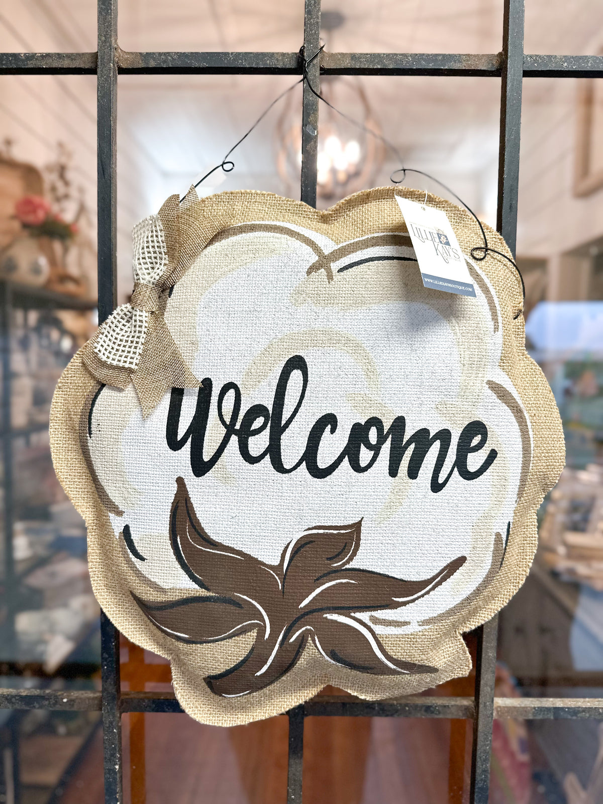 Cotton Boll Welcome Burlap Hanger