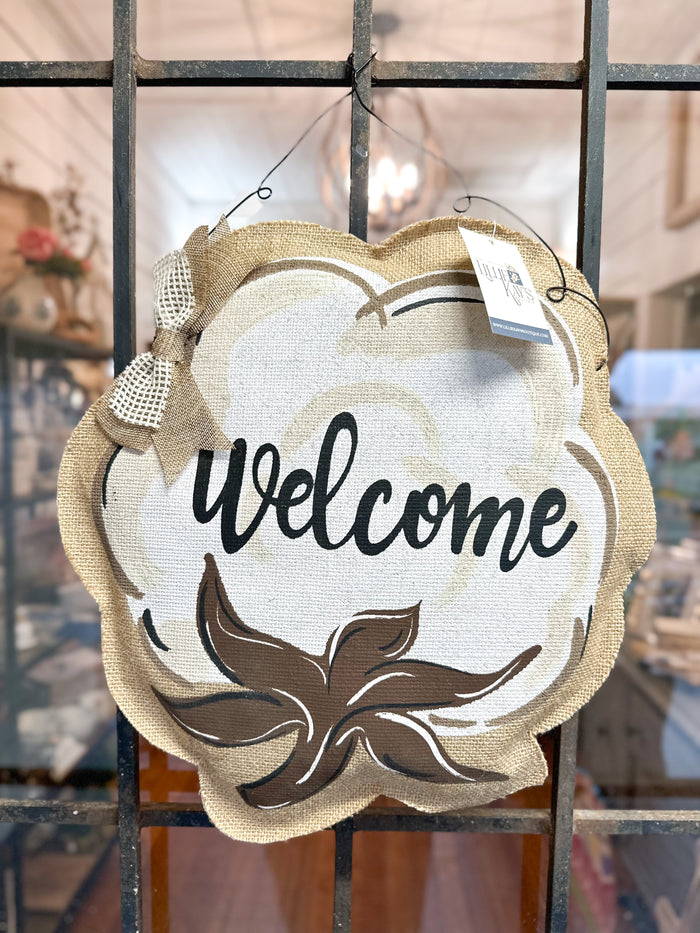 Cotton Boll Welcome Burlap Hanger