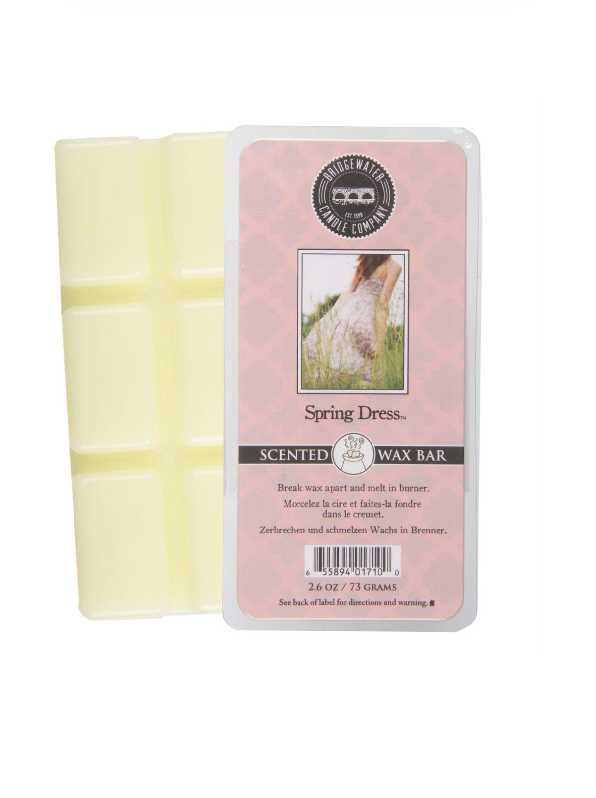 Scented wax bar with packaging on a white background bridgewater candles spring dress wax melt 