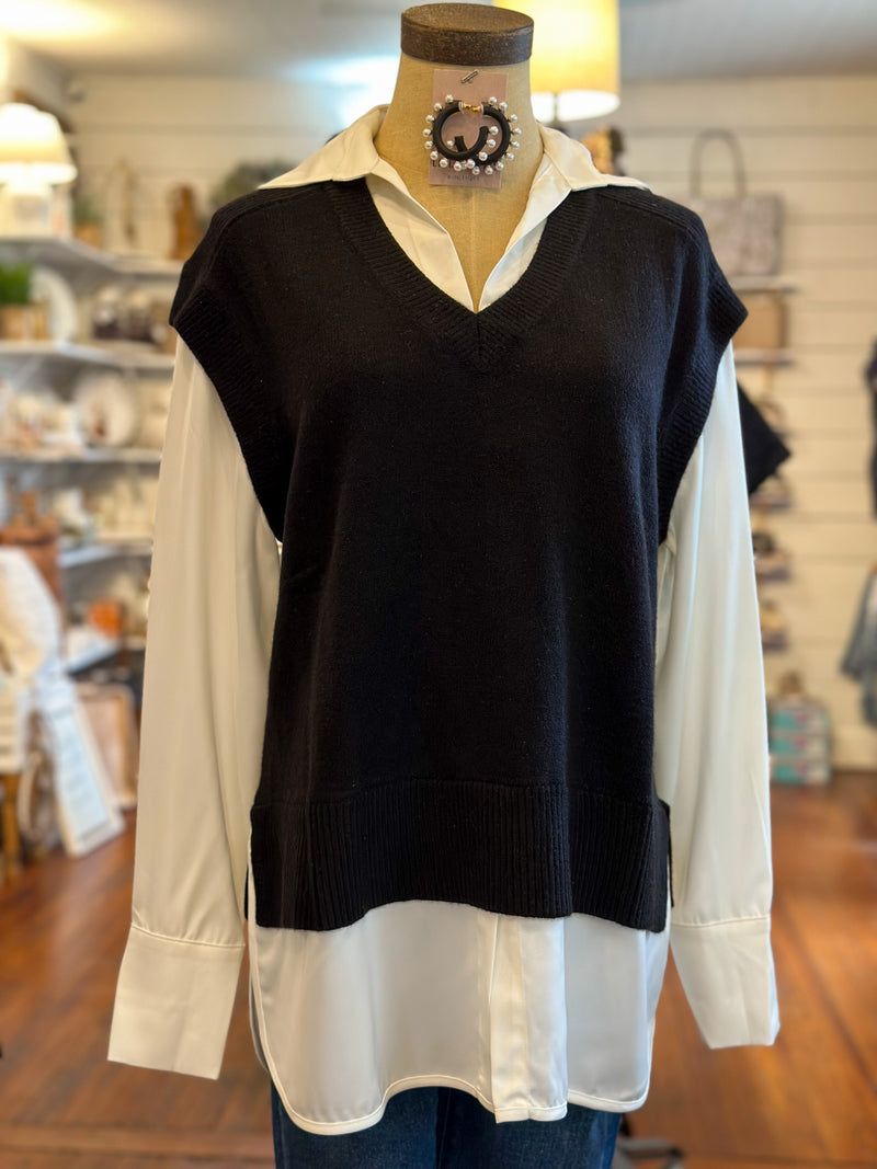black sweater top with white top underneath