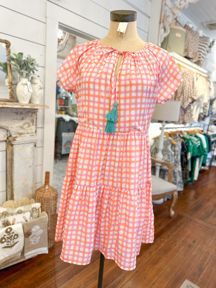Pink and white checkered dress on a mannequin in a store setting.