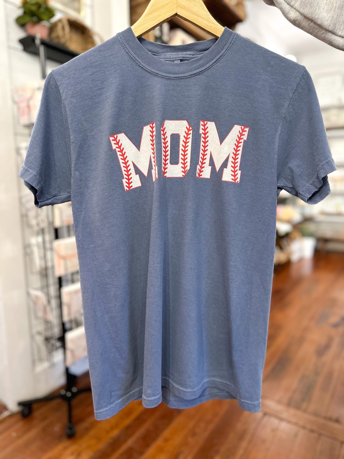 baseball mom tee on blue shirt
