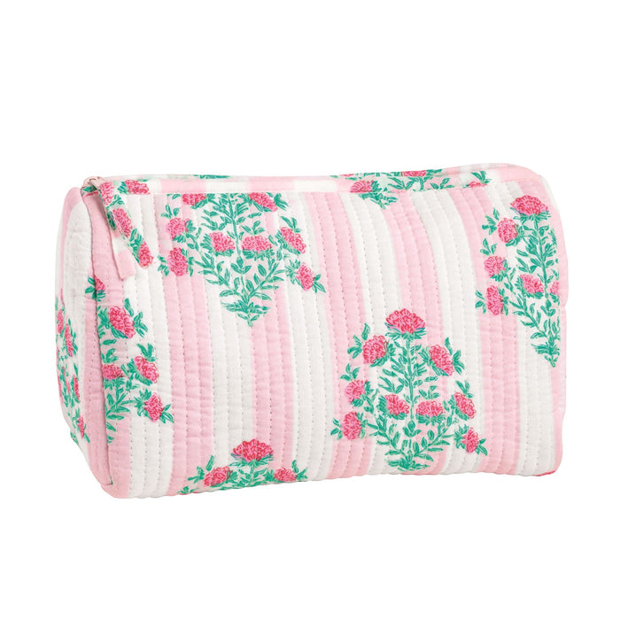 pink white and green block print quilted bag 