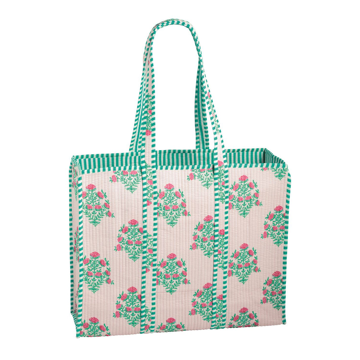 Tote bag with floral pattern and green stripes on a white background