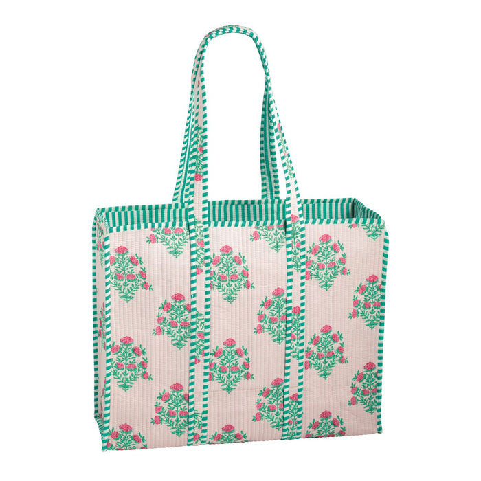 Tote bag with floral pattern and green stripes on a white background