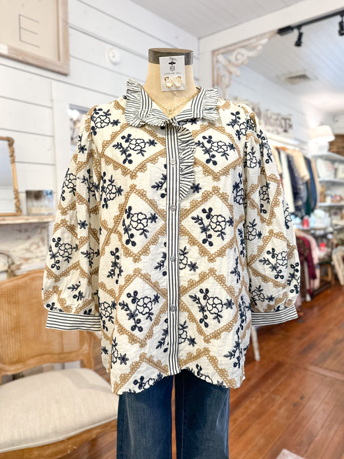 Mannequin wearing an embroidered top   in a store setting