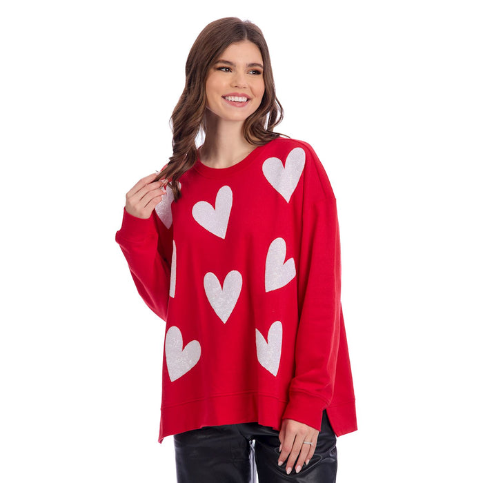 red sweater with white sequin hearts and side slit mud pie sweater 