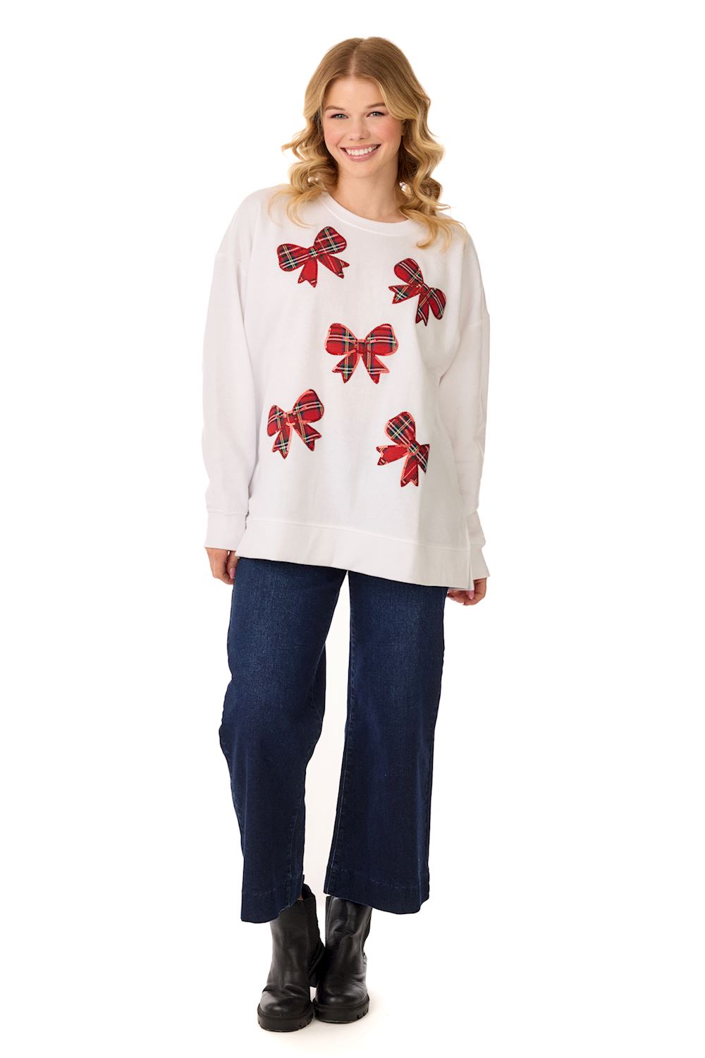 mud pie white sweater with red plaid bows for women 