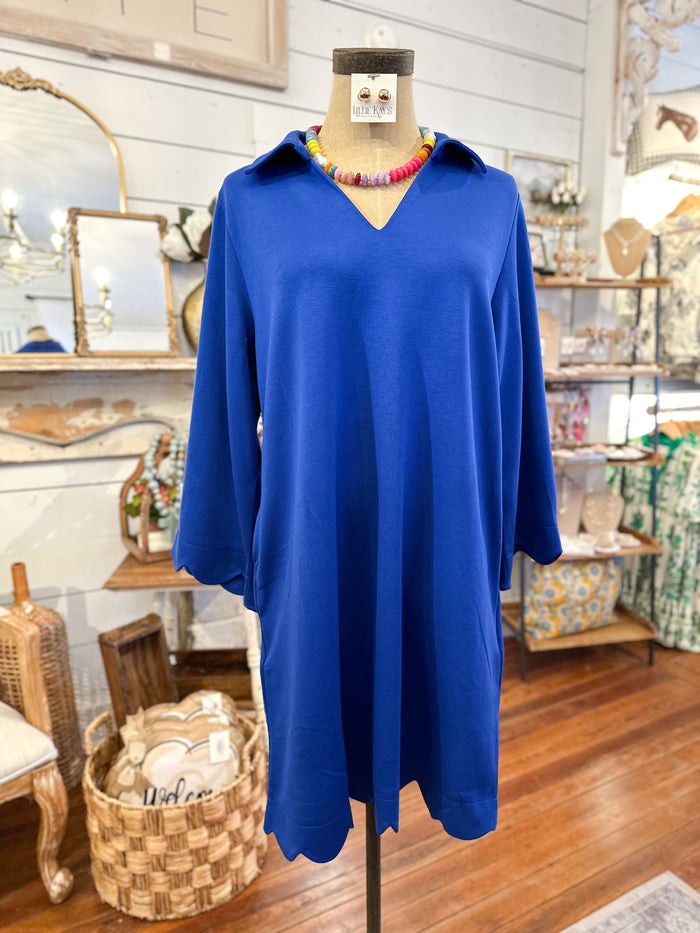royal blue casual dress with scallop hem 