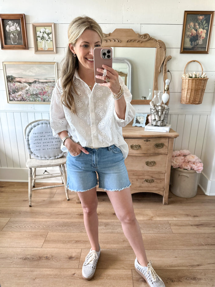white eyelet lace button down top 