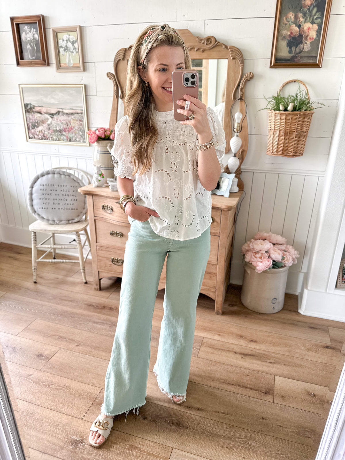 white eyelet lace short sleeve top 