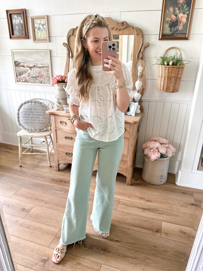 white eyelet lace short sleeve top 