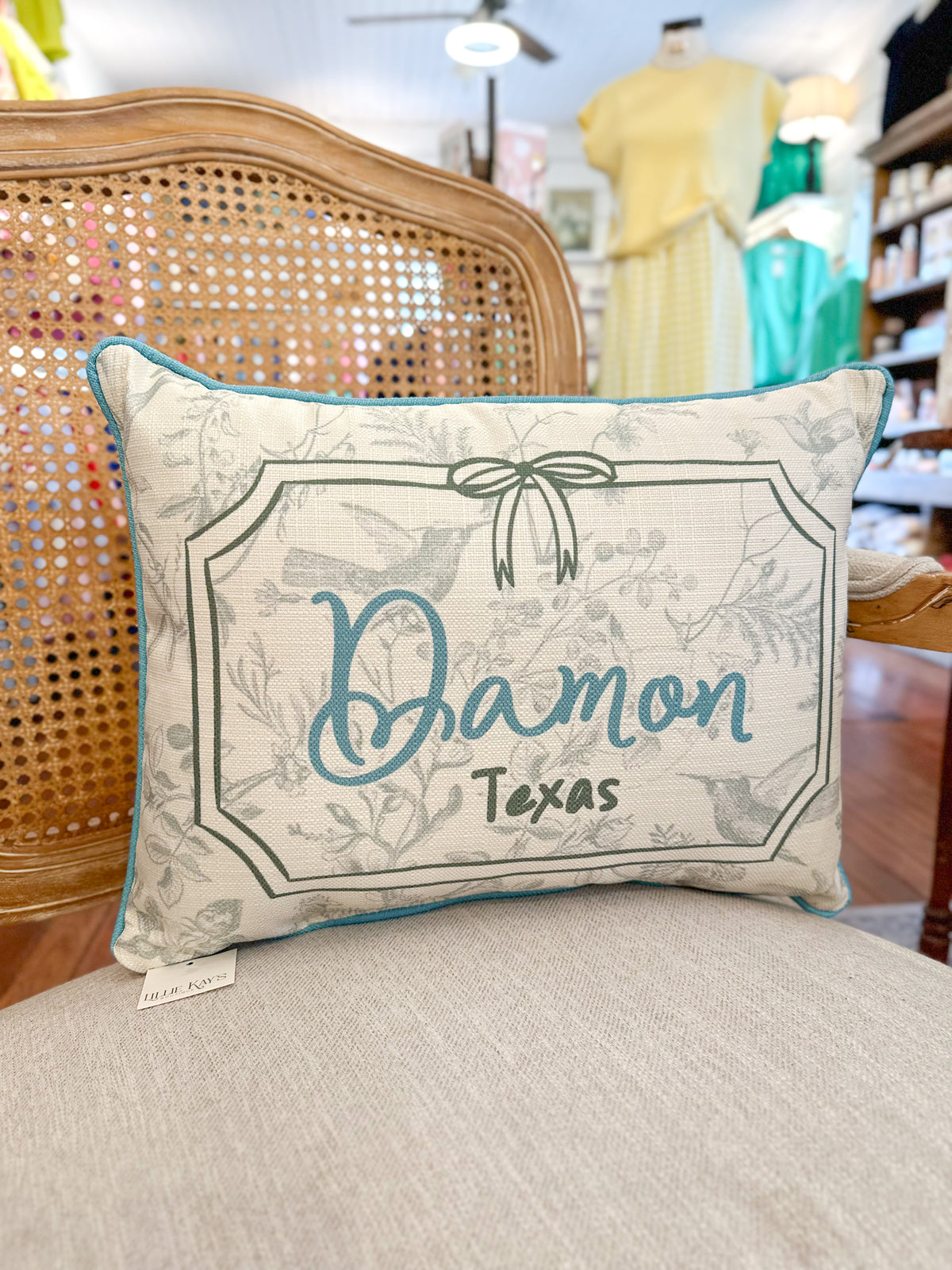 Decorative pillow with 'Damon Texas' text on a chair in a store setting