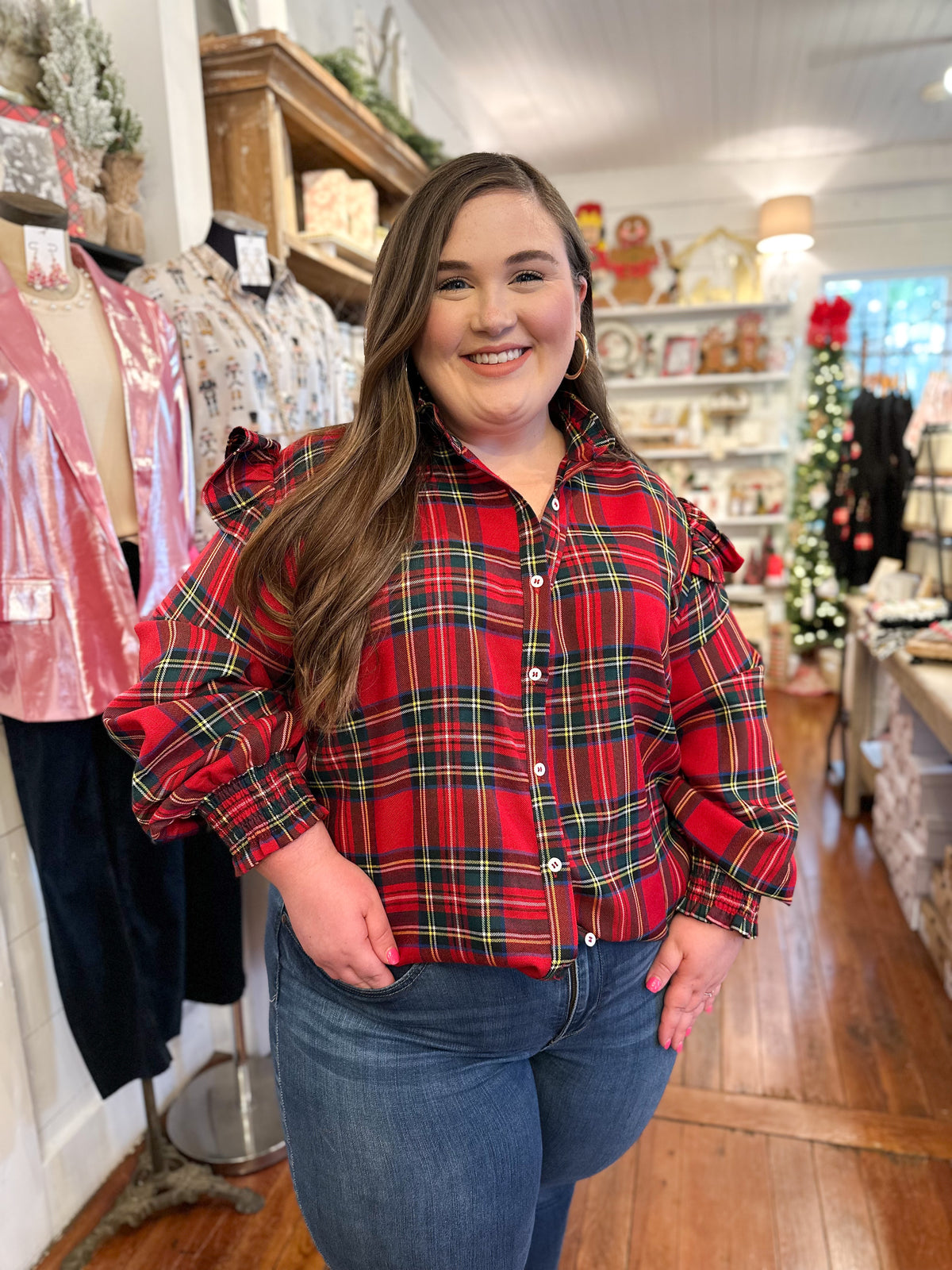 layerz clothing edith top red plaid long sleeve button down 