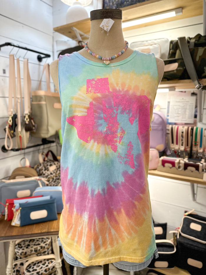 Tie-dye tank top on a mannequin in a store setting