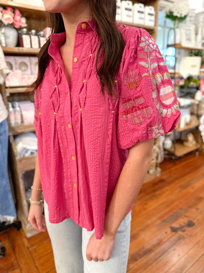 layerz clothing pink Brinley top with button down front and embroidery details 