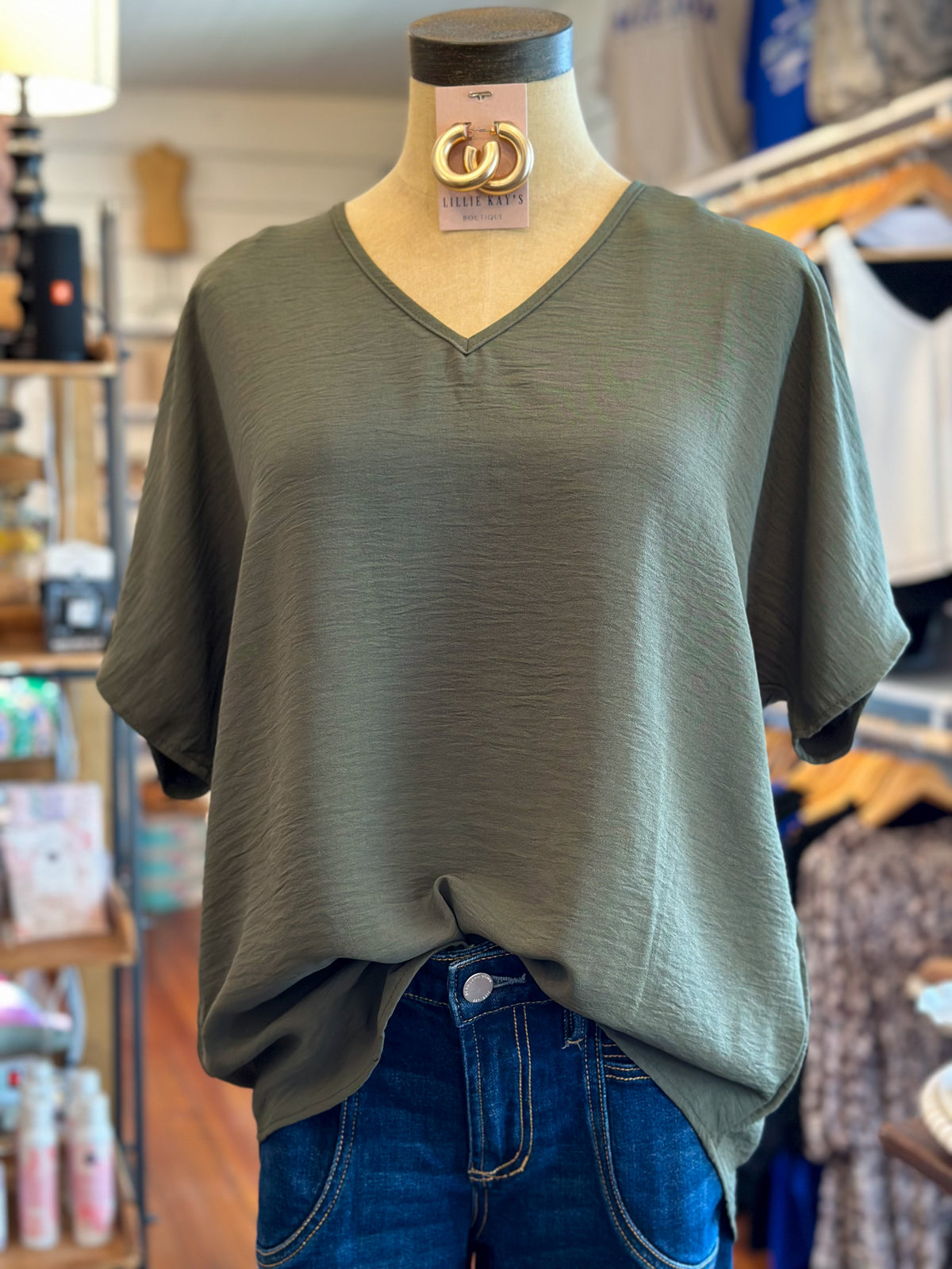 v neck basic top in olive green color