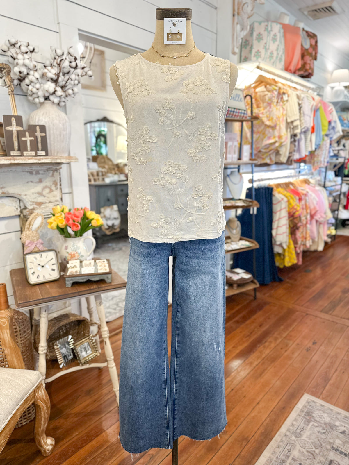light tan embroidered applique sleeveless top linen blend with jeans
