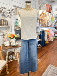 light tan embroidered applique sleeveless top linen blend with jeans
