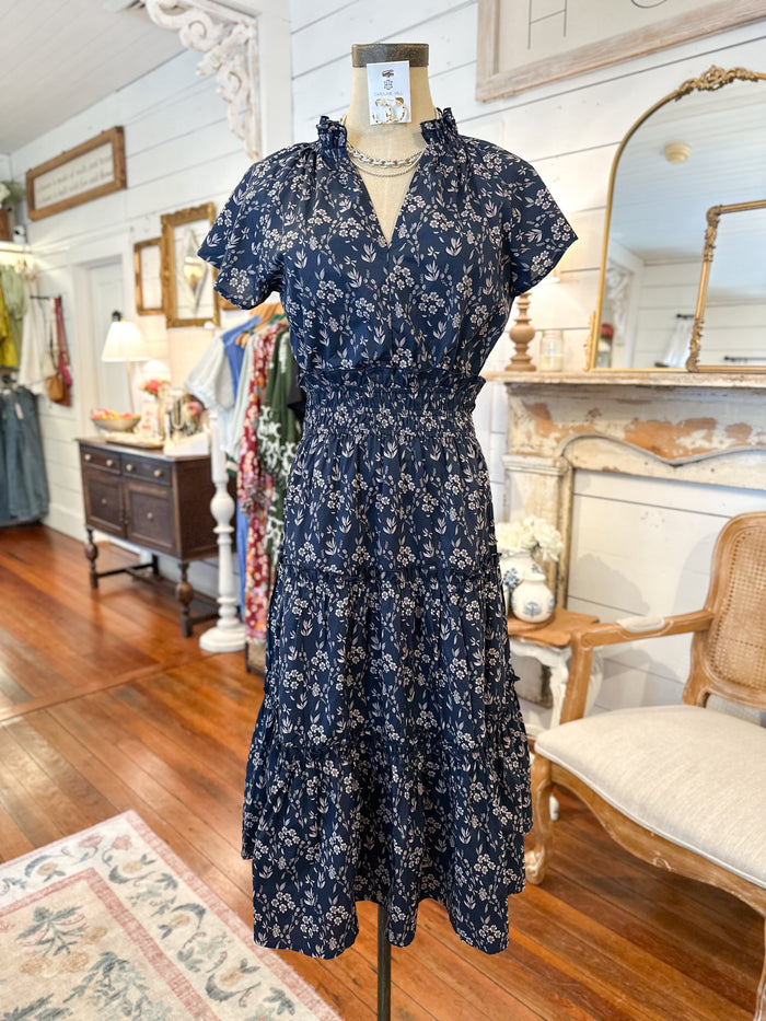 navy blue and cream floral print midi dress with short sleeves 