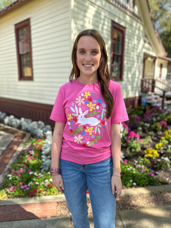 pink multi color and print easter tee