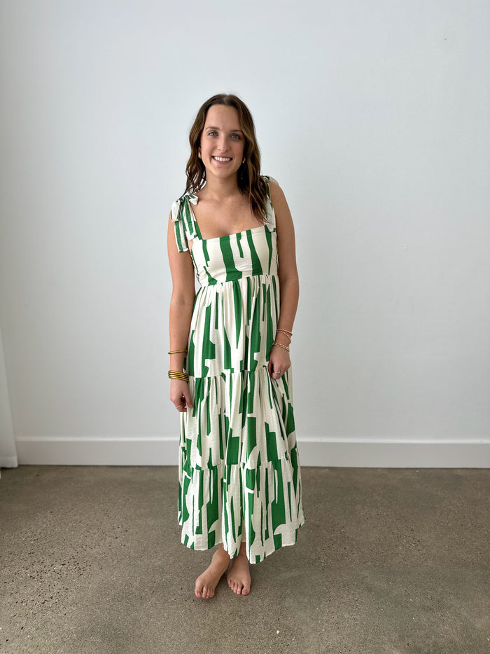 green and white tie strap dress
