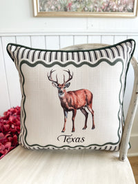 Decorative pillow with a deer illustration and 'Texas' text on a striped background.