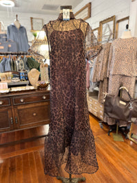 A leopard-print sheer mesh dress displayed on a mannequin in a clothing boutique. The dress features a high neck, short flutter sleeves, and a tiered ruffled hem, set against a background of other garments and store fixtures.