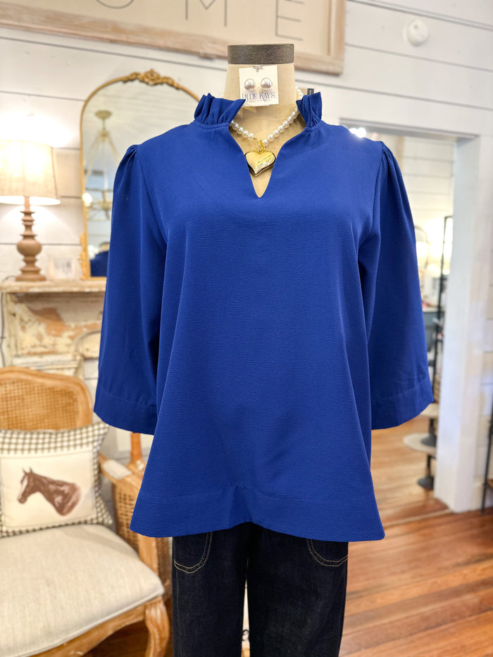 royal blue everyday wear casual top with ruffle collar 