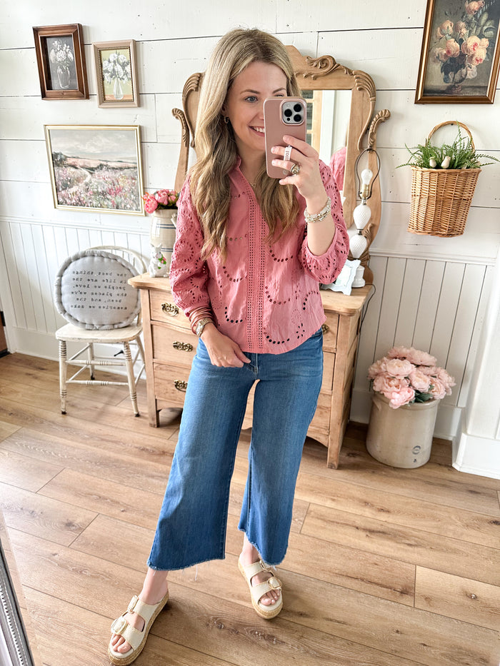 cherry pink eyelet lace 3 quarter sleeve top